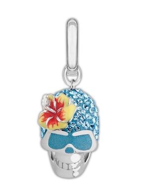 Swarovski Crystal Skull Charm Aqua Hibiscus Flower Pendant Day of the Dead RARE
